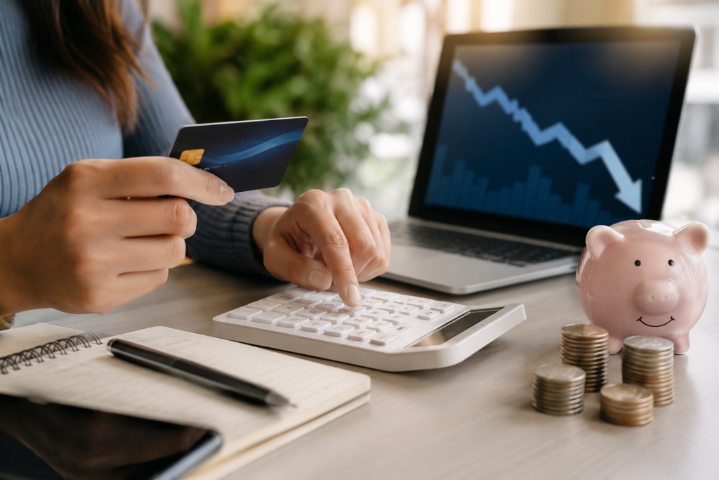 Mão segurando um cartão de crédito e a outra mão digitando em uma calculadora, na mesa de um escritório. 